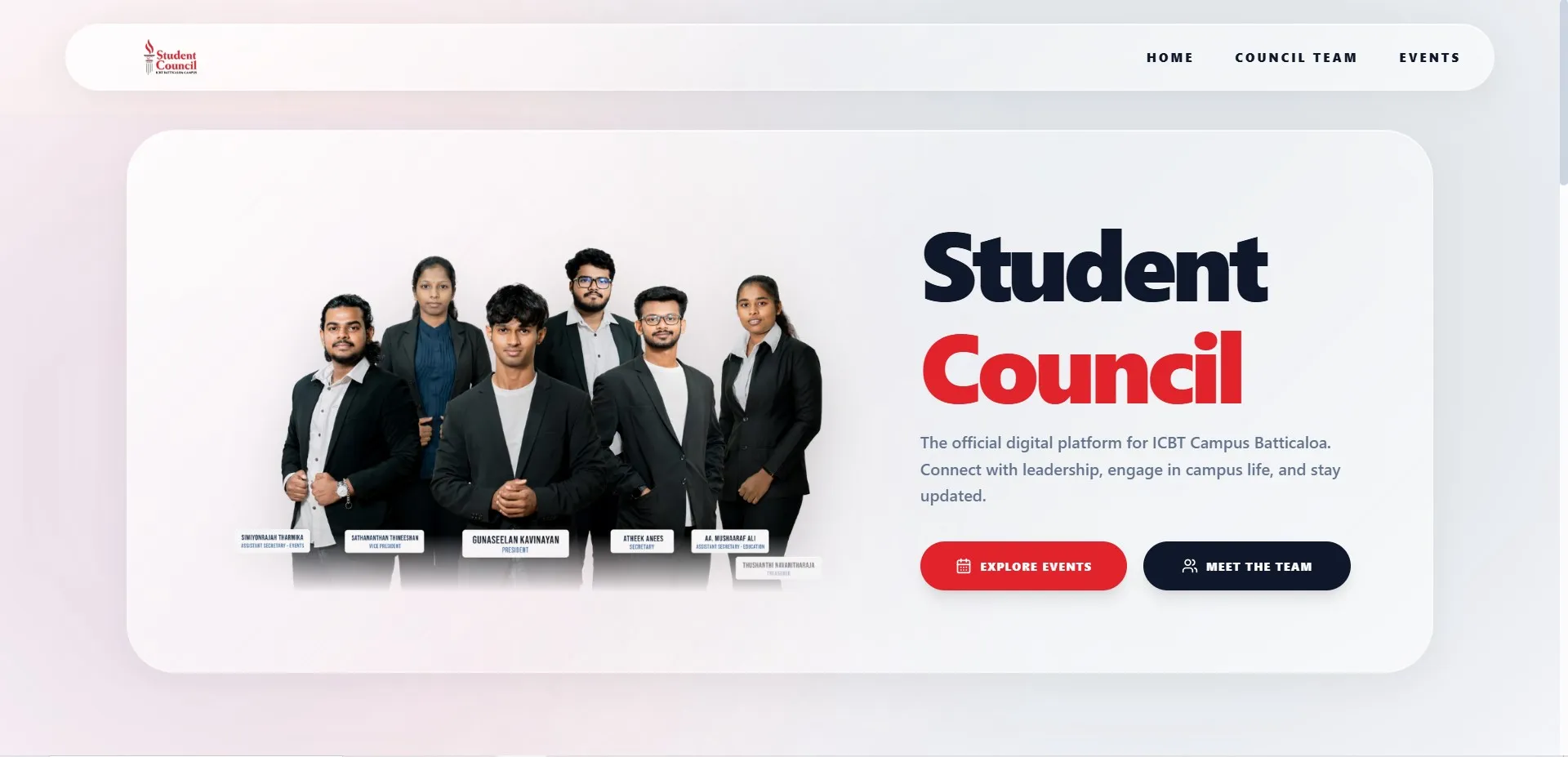 Student Council of ICBT Campus Batticaloa showcase - Developed by Kavinayan