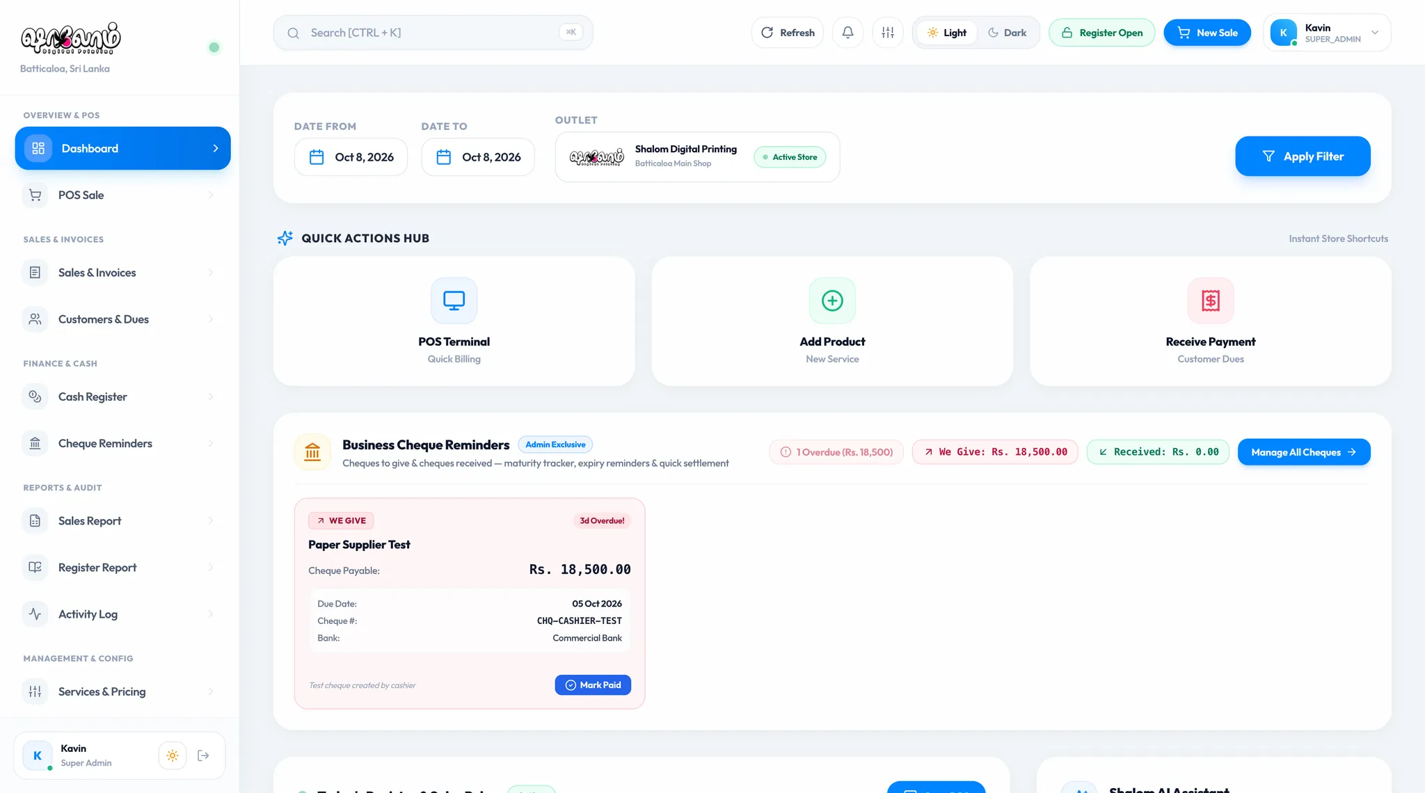 Shalom POS — ERP & Retail Billing System showcase - Developed by Kavinayan